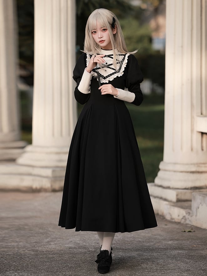 Schwarzes elegantes Juliette-Ärmelkleid Nonne Lolita Langarm Einteiler