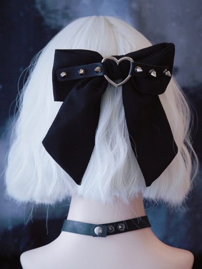 Gothic Clip Decorated Heart Black Bowknot With Buckle Studs