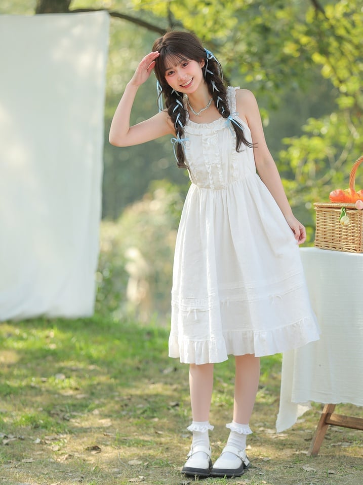 White Ruffled Trim Bow Detail Knee Length Sleeveless Dress