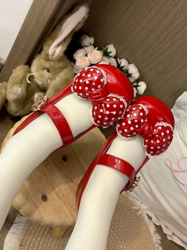 Sweet Lolita Wine Red Low-heel/Mid-heel Mary Janes with Lace Trim and Polka Dot Bow, Snap Design