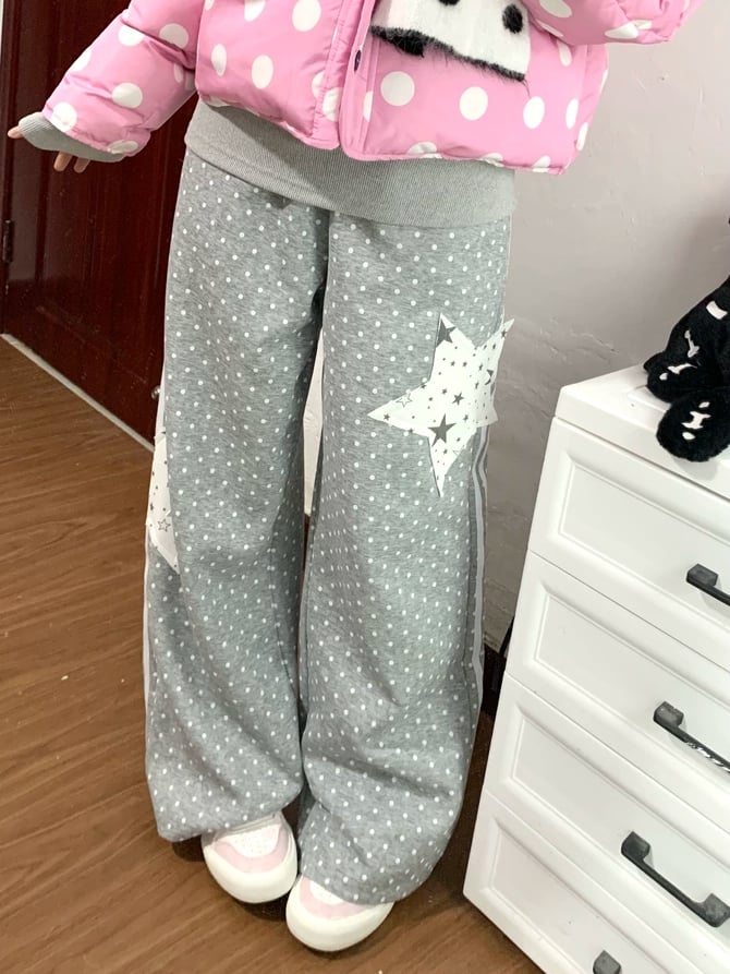 Lace-trimmed Pants Accessory  Polka-dot Grey Star Straight-leg Patchwork with