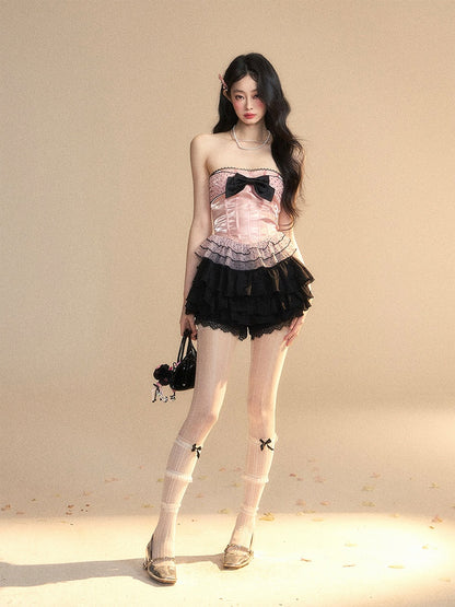 ストラップレストップパターン ピンク レイヤード レース メッシュ ビッグリボン フリル 水玉模様