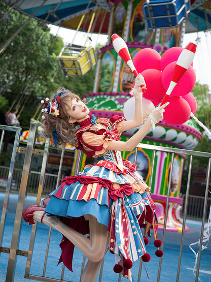 with Skirt Blue Jumper Sweet Dress Bunny Circus Embroidery and Sleeves Detachable Lolita Puff Red