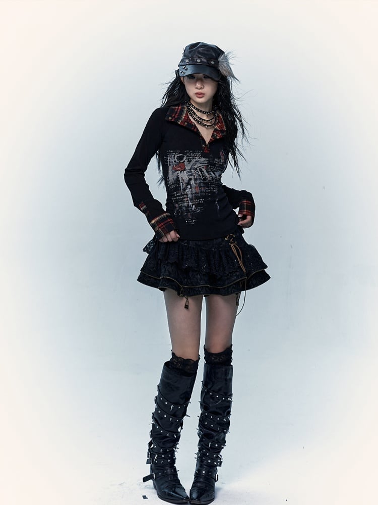 Schwarz-rot kariertes Polo-Top mit Kordelzug in der Taille