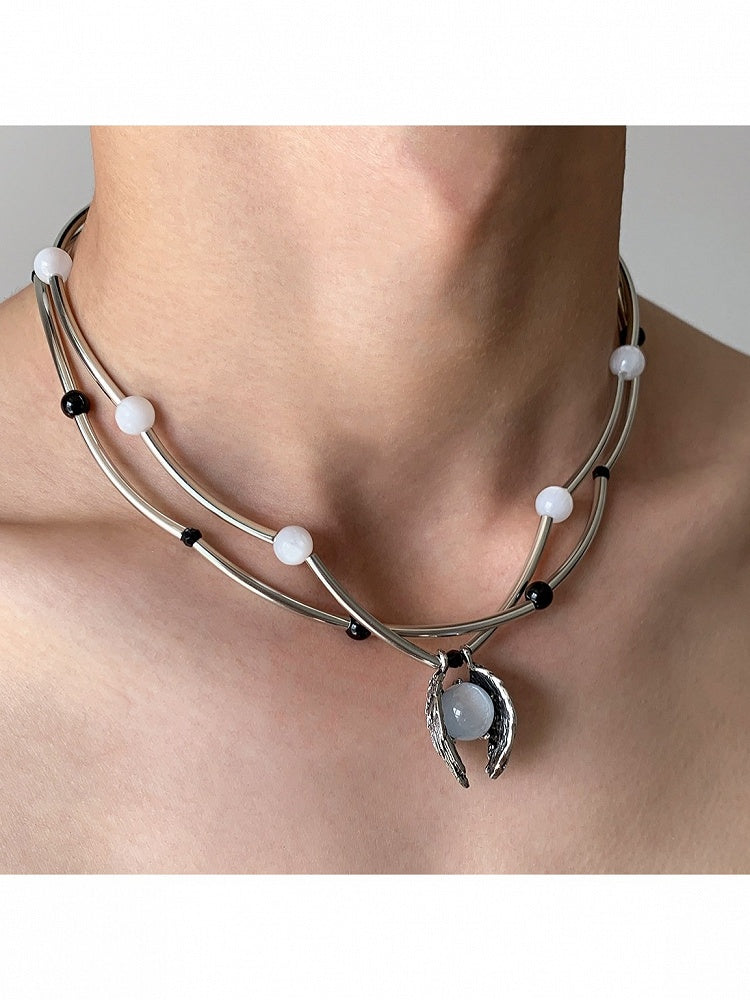 Silver Layered Necklace with Bead Decoration - YSHXS