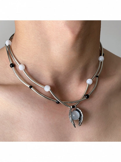 Silver Layered Necklace with Bead Decoration - YSHXS