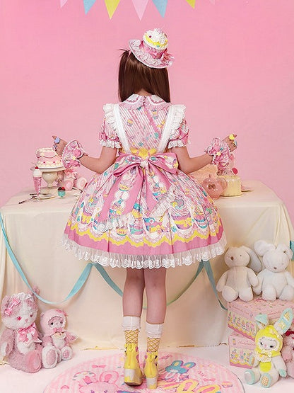 and Dress Print Maid Peter Pan Yellow Lolita Pink Bunny Cupcake Collar