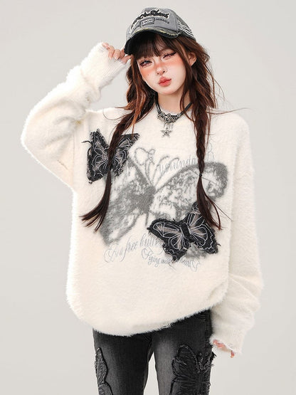 White Denim Butterfly Appliques Mohair Loose Sweater