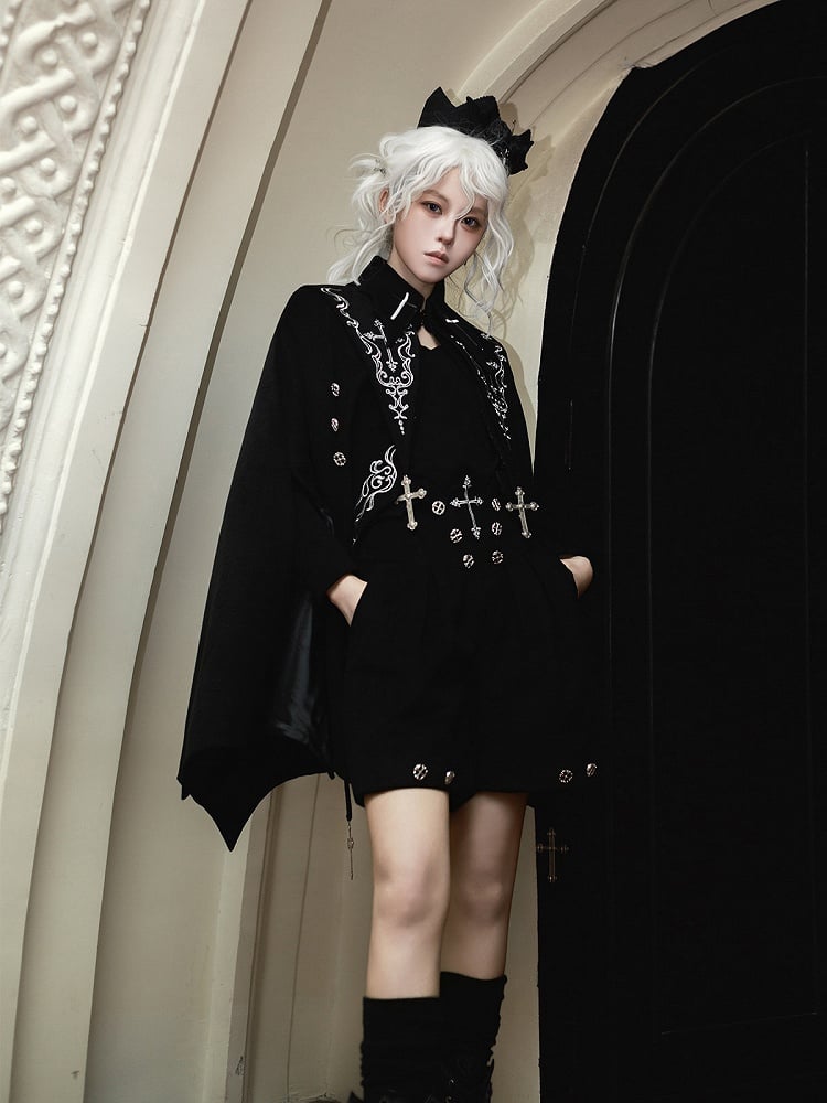 Hem Sleeves Cross Shorts Black Ouji Lolita Curved + Embroidery Bat-Wing Cape Long Top Gothic