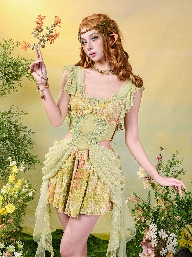 Green Fairycore Mori Lace A-Line Sleeveless Cut-out Dress - Virtual Orbit