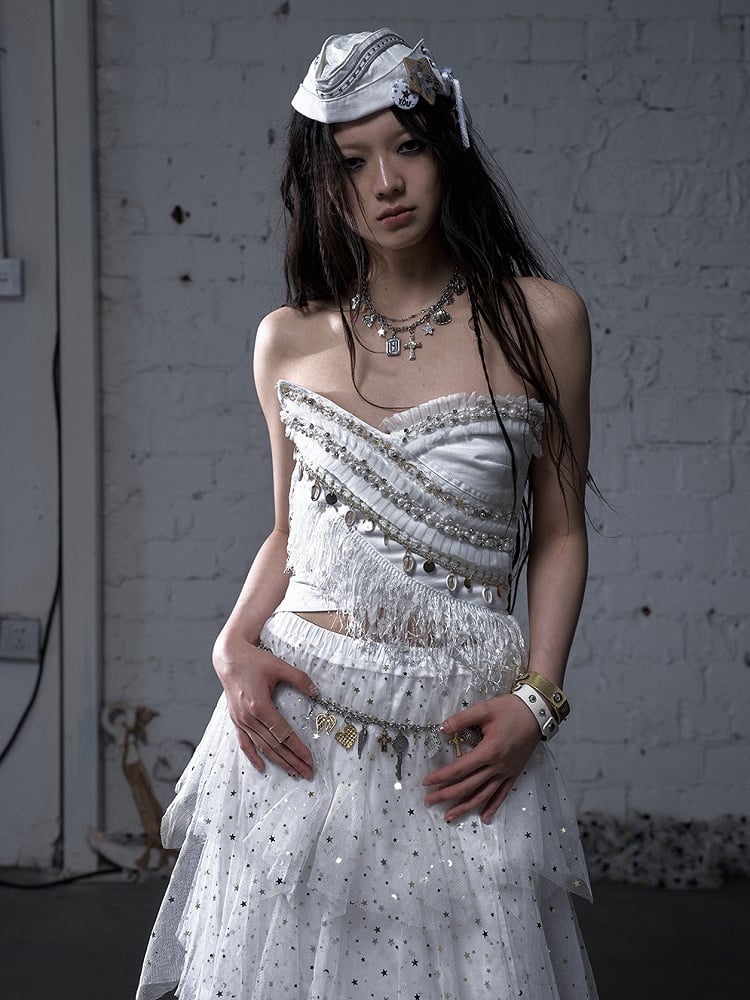 Black/White Crossover Design Bead Hem Details Fringe Baroque