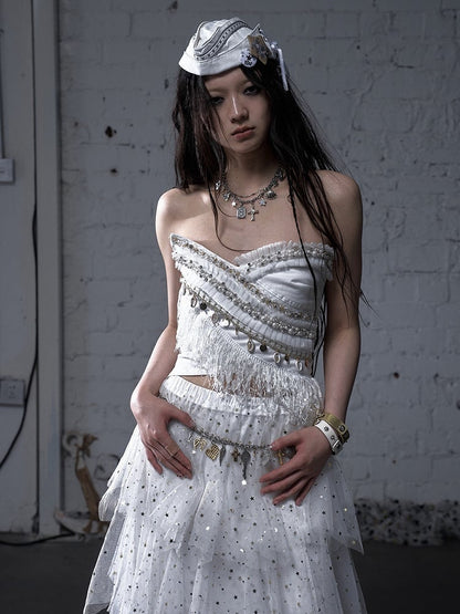 Black/White Crossover Design Bead Hem Details Fringe Baroque