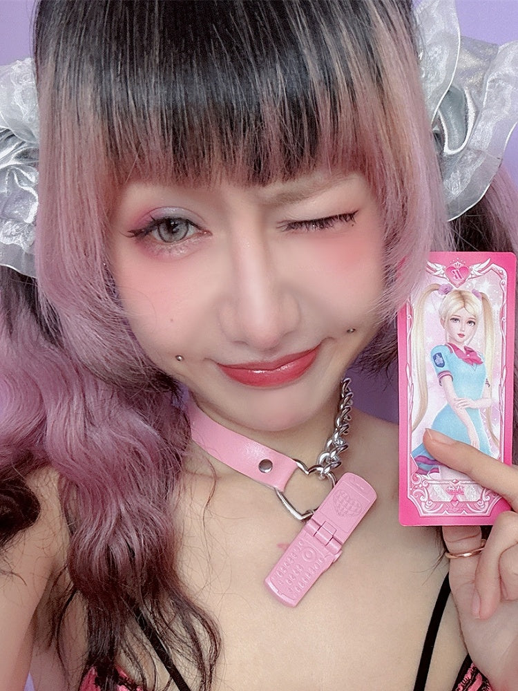 PU Pink/Silver Phone Y2K Pendant Choker