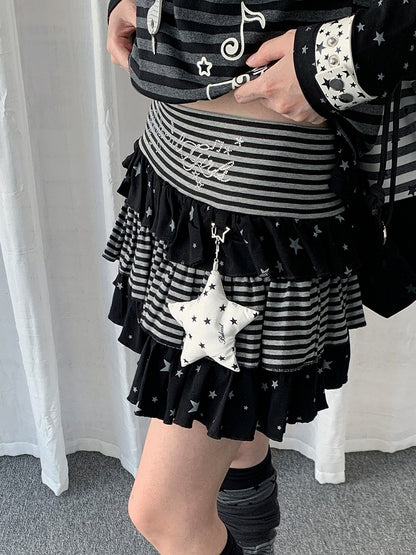 Two-Color Layered Ruffle Star and Stripe Skirt Set with Pendant - Solkatt