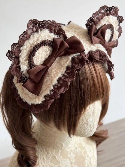 Lace Hairband Ear Accents) Bear Brown (Sherpa Lolita