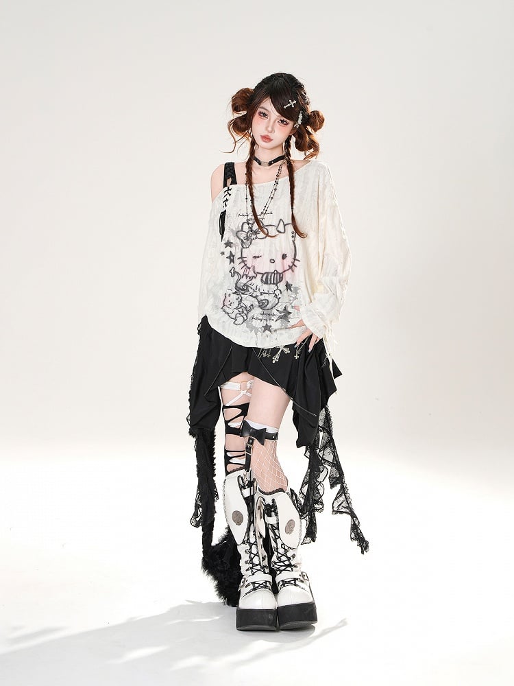 ディテールカスケーディングレースフリルスカートブラックレースアップ