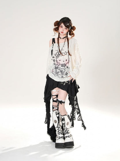 ディテールカスケーディングレースフリルスカートブラックレースアップ