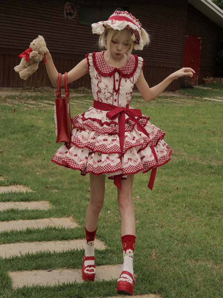 レッドギンガムチェックのピーターパンカラートップスとチェリー柄のティアードスカートセット