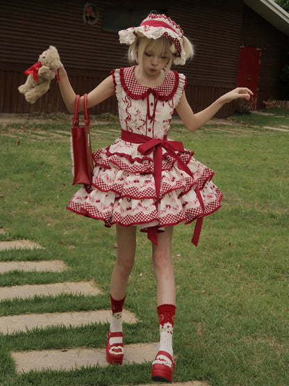 レッドギンガムチェックのピーターパンカラートップスとチェリー柄のティアードスカートセット