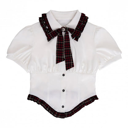 and Lolita Bow Plaid Puff-Sleeve Ruffles White with Blouse
