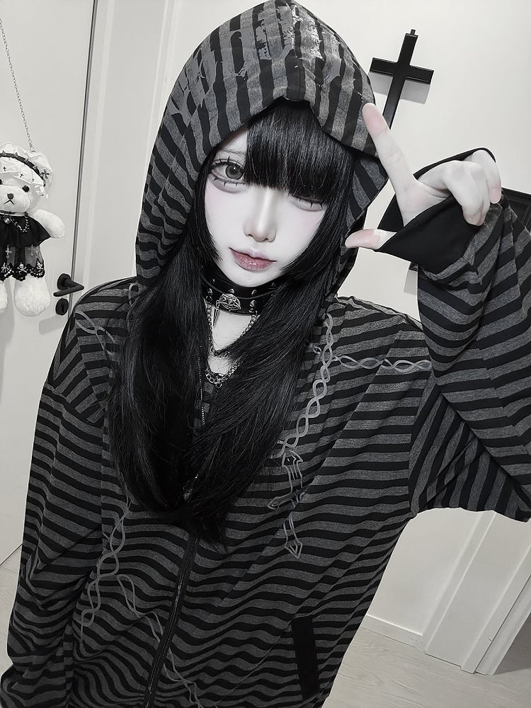 Hooded Cross Black Zip-up for Gray Chain Print Autumn Jacket Stripes with