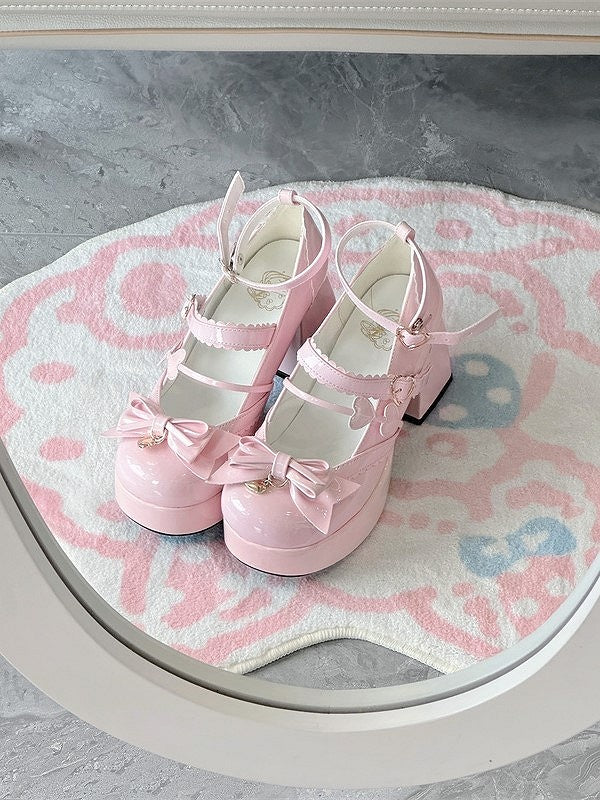 Pink Heart High at with Details Bow Elegant Heels Block Platform Lolita Top