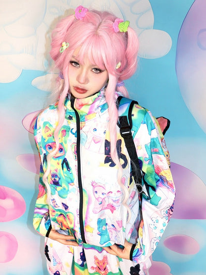 Y2K Hoodie Green Jacket Print Sun Cat Protection