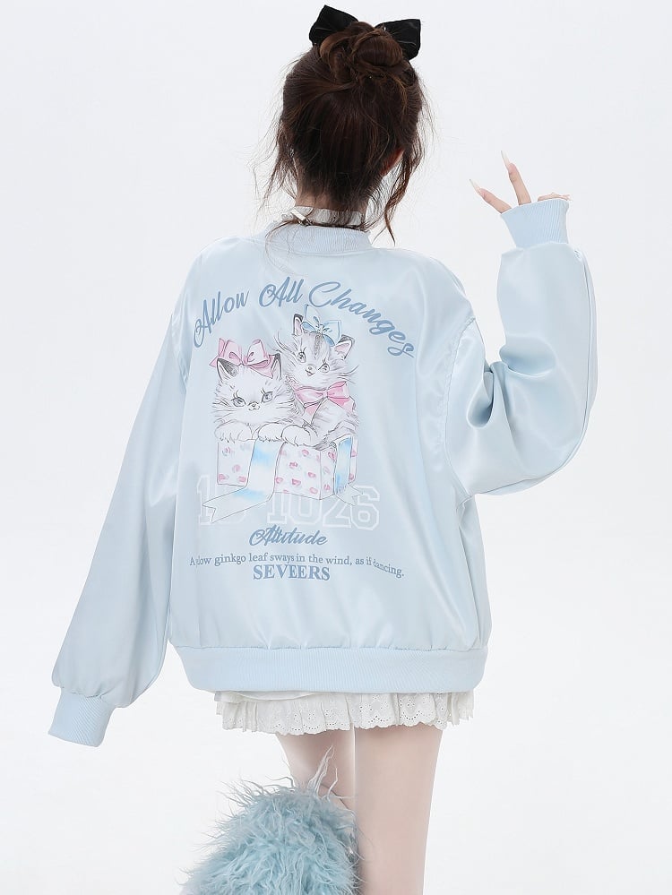 Light Blue/Pink Cats Spring Baseball Jacket