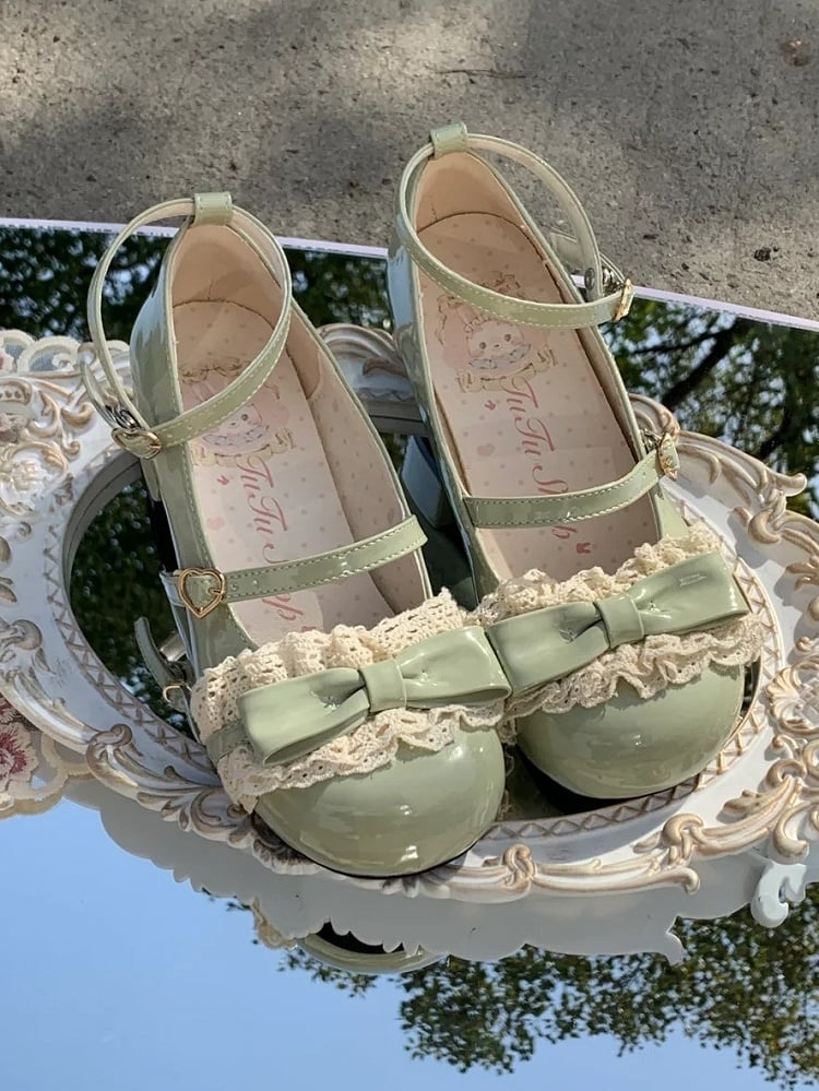 Design Jane - Green Square Lolita Toe for Pink Bow with Classic Mary Heels