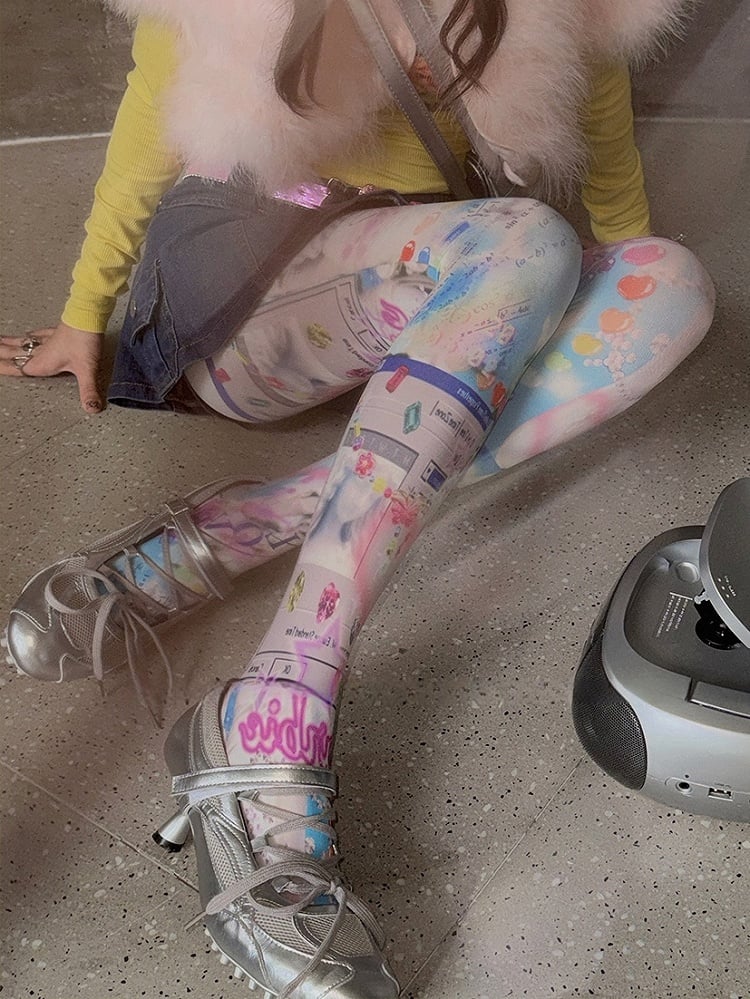 ホワイト Y2K バービー プリント タイツ