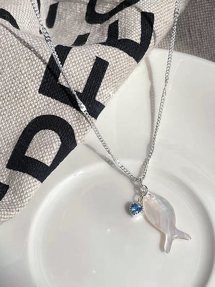Pendant Necklace Blue/White Y2K Heart Bittersweet Rhinestone Fish And