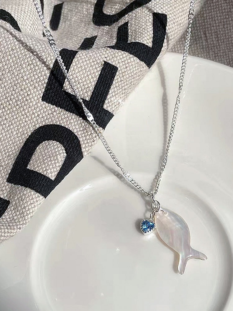 Y2K Necklace Blue/White Fish Heart And Bittersweet Rhinestone Pendant