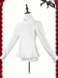 Beige Ruffle Neckline Lolita Knit Top with Bow-Accented Sleeves