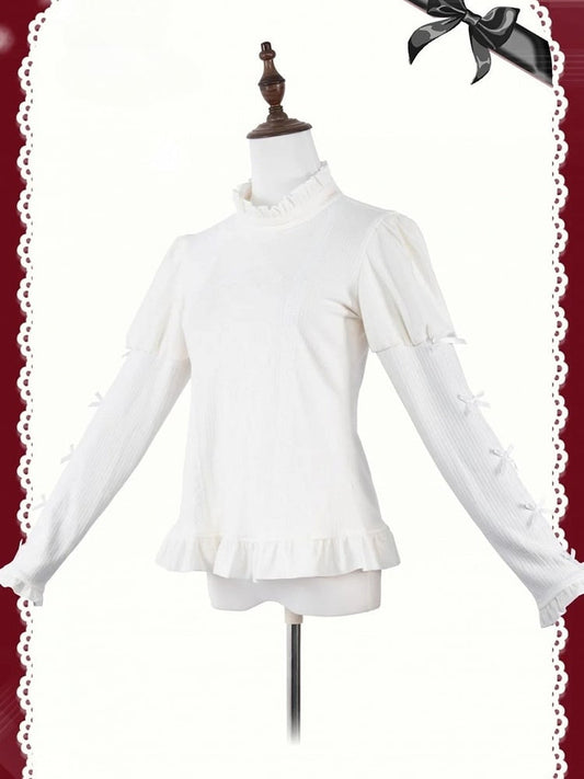 Beige Ruffle Neckline Lolita Knit Top with Bow-Accented Sleeves