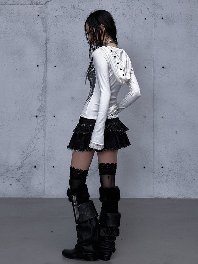 Off-white Two-piece V-Neck Print Hooded Lace Long Top Star Sleeve Slim-fitting Panel -