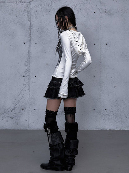 Off-white Two-piece V-Neck Print Hooded Lace Long Top Star Sleeve Slim-fitting Panel -