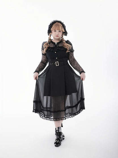 Tie Black Illusion Neckline Juliette Sleeves Jirai Kei Lace Blouse+Bow