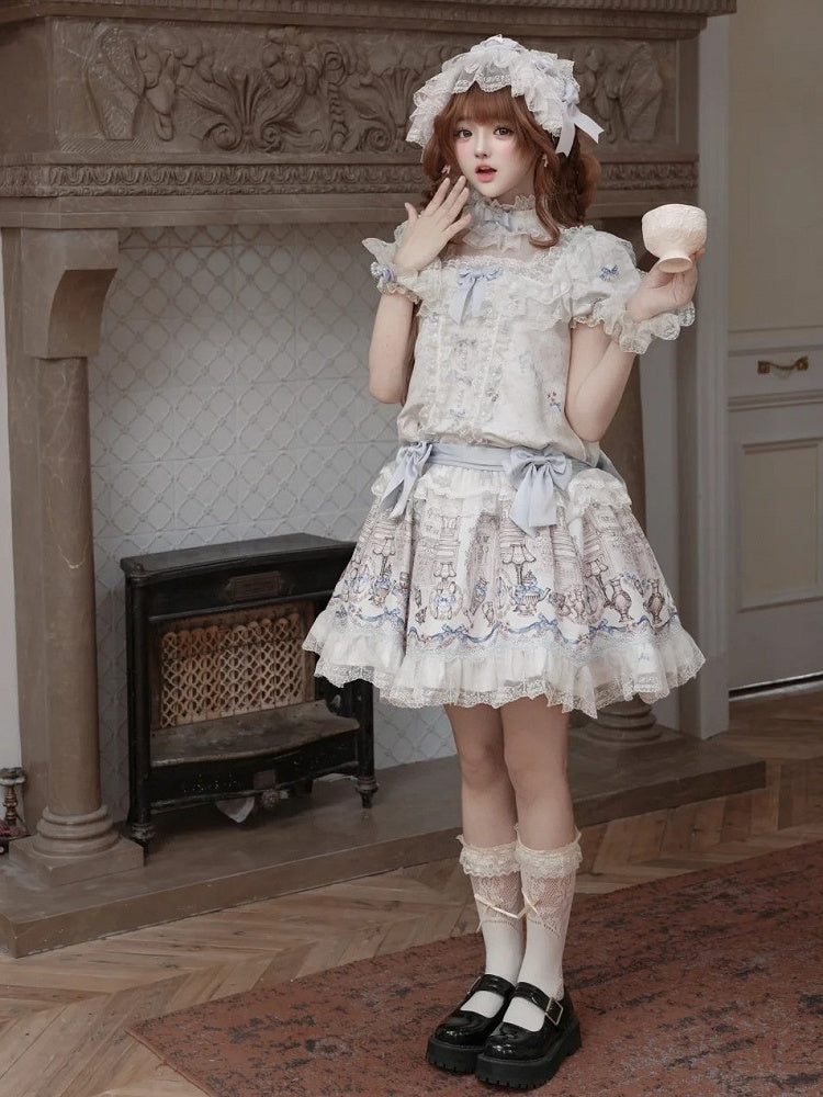 White & Blue Low Waist Antique Print Lolita Dress with Bows - Meng Fu Zi