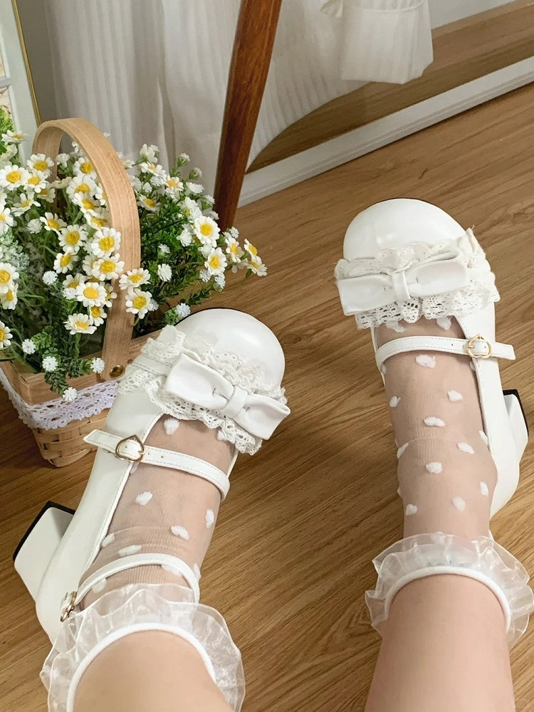 Toe at White Mid Sweet Heels Lace with Round Top Trim Bow