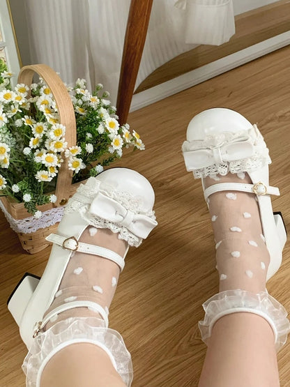 Toe at White Mid Sweet Heels Lace with Round Top Trim Bow