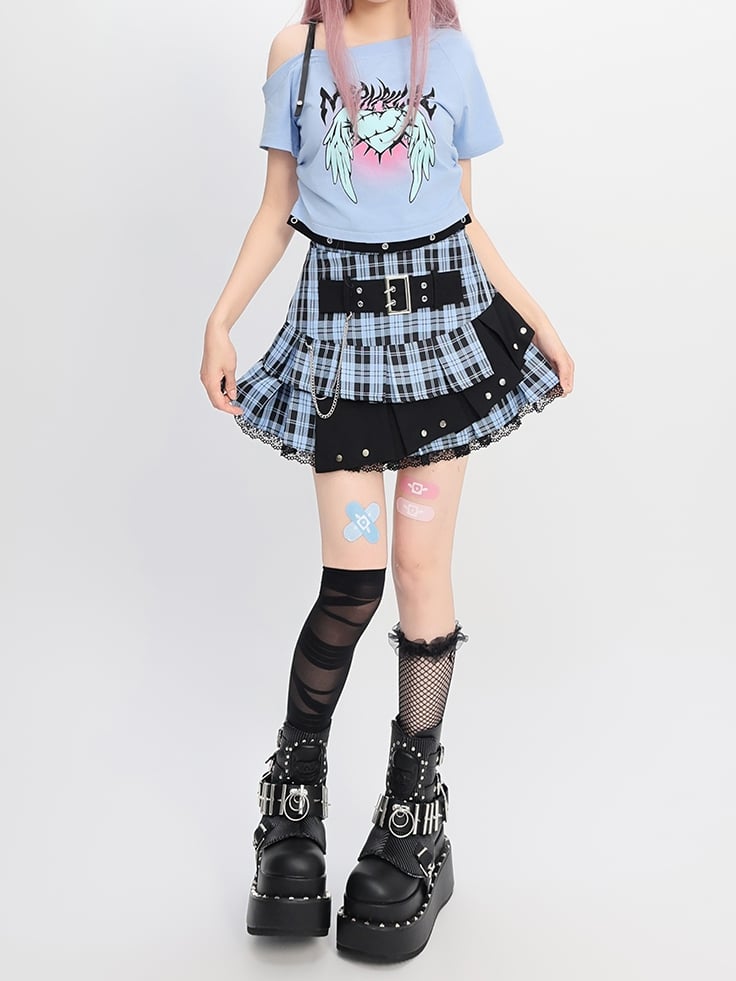 ウィングスプリント Y2K ライトブルー アシンメトリーネックライン ハート＆Tシャツ