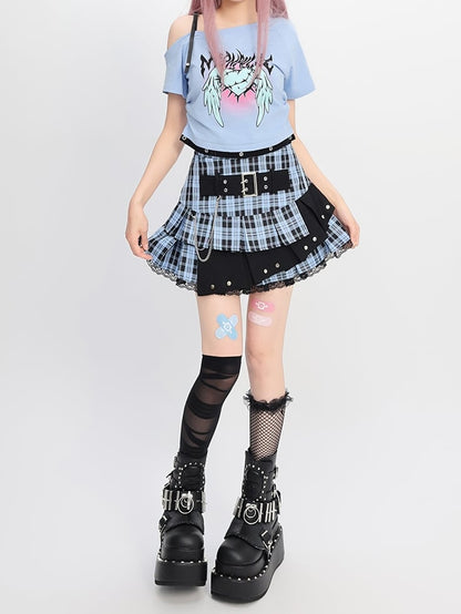 ウィングスプリント Y2K ライトブルー アシンメトリーネックライン ハート＆Tシャツ