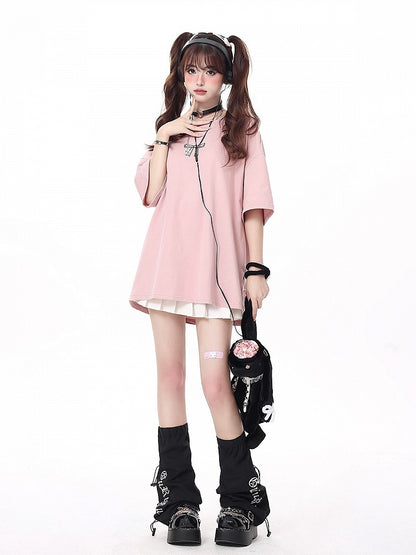 with Print Details T-shirt Bow Lacing Ribbons Pink Back Multi-Color