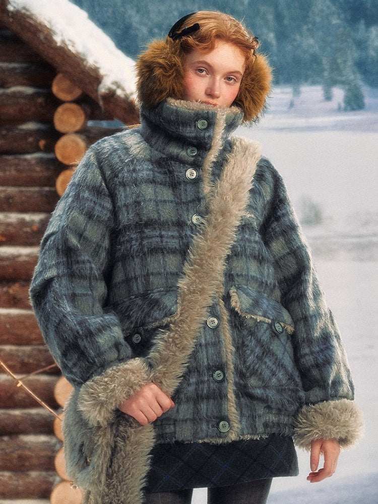 with Accents Blue Vintage Coat Contrast Furry Plaid