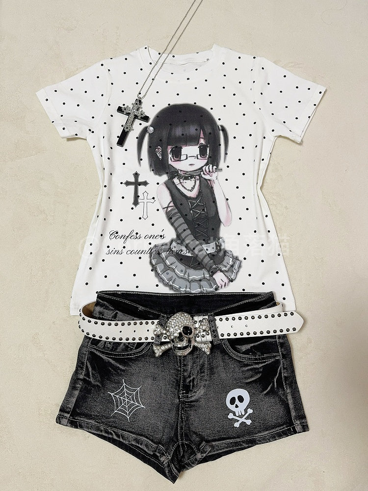 Polka T-Shirt Cartoon / with Print and Gray Cross White Dots