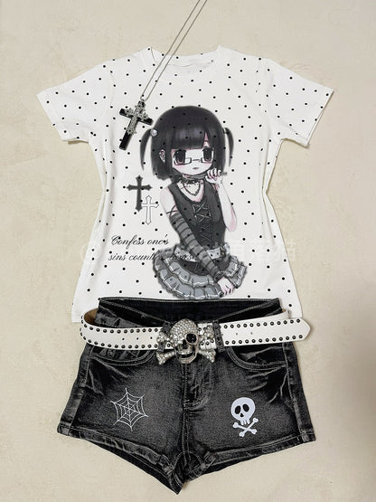 Polka T-Shirt Cartoon / with Print and Gray Cross White Dots