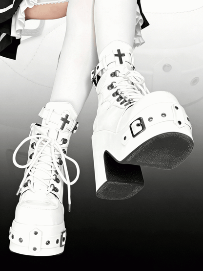 White Gothic Platform 12CM High Heel Boots with Buckle & Spiderweb Design - Transfer Student