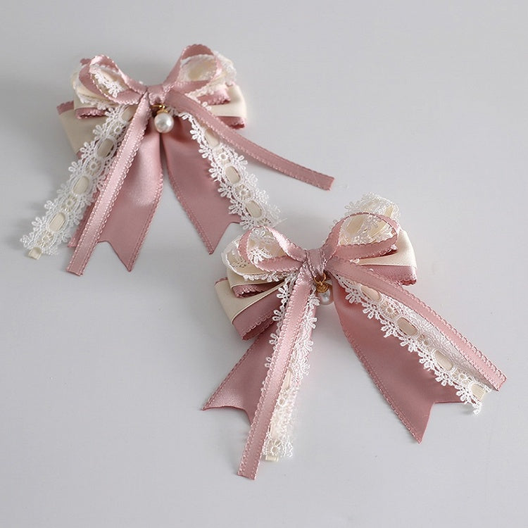 Bowknot Beige With Bead Pink Lace Cute Hairclip Charm