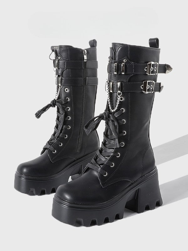 Boots Charm Gothic Mid-Calf Chain Sole - System Chunky Fastening Black Triple with