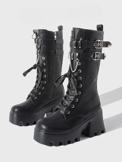 Boots Charm Gothic Mid-Calf Chain Sole - System Chunky Fastening Black Triple with